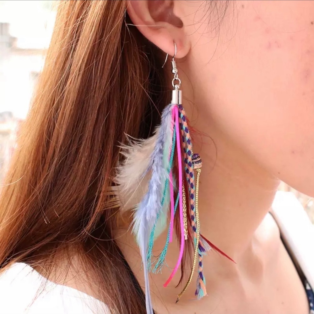 Colorful Pink Boho Chic Feather & Beaded Tassel Dangle Earrings I NWT Jewelry